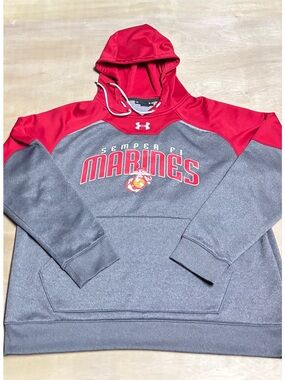 Under Armour Semper Fi Marines Hoodie Men’s Large Gray Red Pullover Sweatshirt